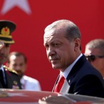 Turkey’s President Tayyip Erdogan looks on durin his visit to Northern Cyprus